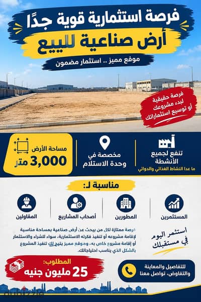 ارض للبيع فرصه استثماريه 3000 م لاصحاب المشاريع الاستماريه