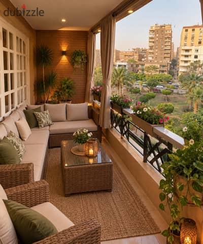 A furnished apartment with air conditioning in the Golden Square between Abbas El Akkad and Makram Ebeid next to the Children's Park, a 300m apartment with a garden view, furnished and finished with high super lux 300 meters overlooking the garden.