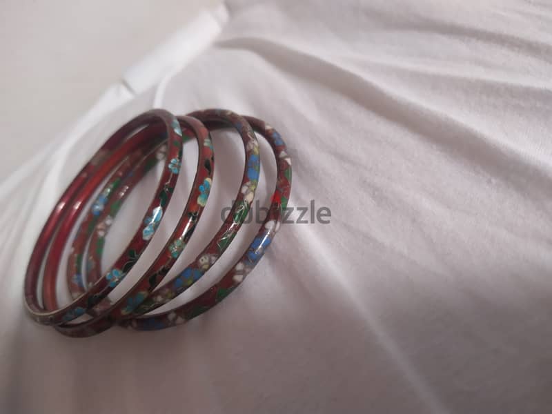 stack of vintage red cloisonné enamel bangle 2