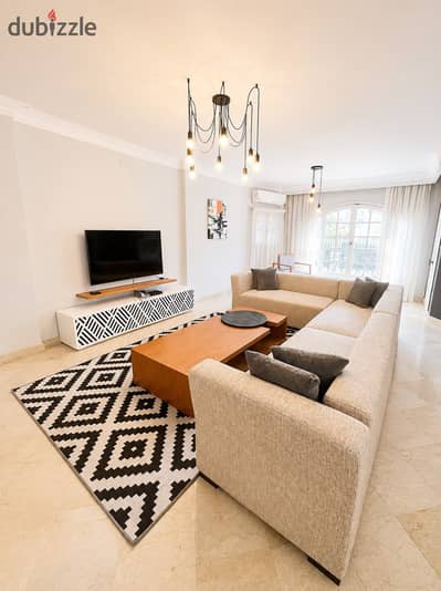 Luxury hotel-style furnished apartment for rent in Sarayat El Maadi, featuring 4 spacious bedrooms and 3 bathrooms in a prime, quiet, and elegant location.