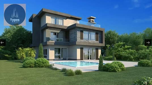 Villa for sale in New Giza. Land area 420 sq m, built-up area 357 sq m, finished, 5 bedrooms, 5 bathrooms, corner location. Golf view from the second