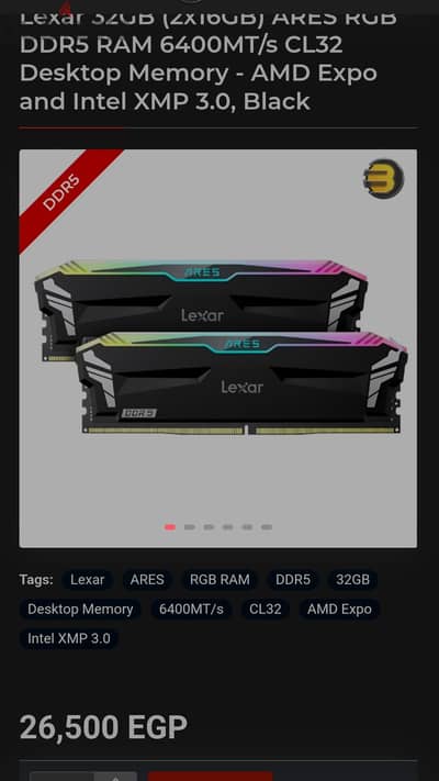 Lexar 16 GB (1x16GB) ARES RGB DDR5 RAM 6400MT/s CL32