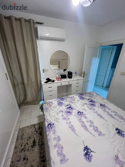 Furnished hotel-style apartment for rent in Al Rehab, next to the Old Market. The Old Market, the food court, the medical complex, and The Yard Mall.