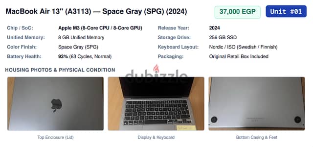 MacBook Air 13" (A3113) — Space Gray (SPG) (2024)