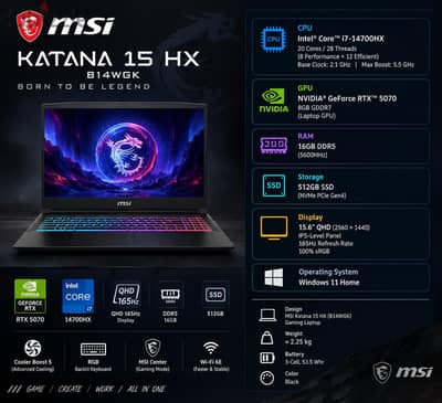 Gaming laptop MSI Katana 15 HX – RTX 5070 / i7-14700HX | كسر زيرو