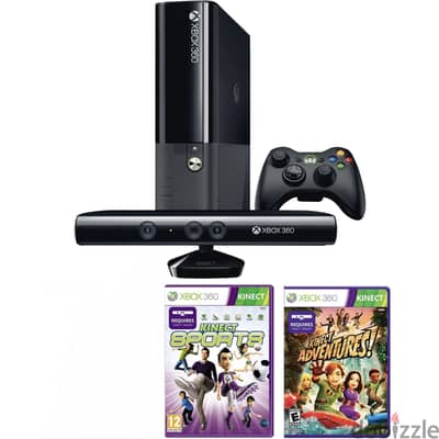 Xbox 360 e معاه كاميرا و دراع و لعبتين كله اصلي و كبلاته و العلبة