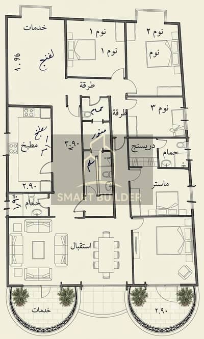 Apartment for sale south of the Academy, First Gathering, view of a large garden, full floor, area of 330 meters, semi-finished, immediate delivery, second floor, no elevator, gravel on the ground