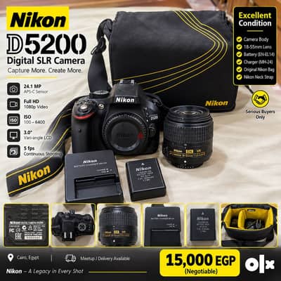‏Nikon D5200 + عدسة 18-55 VR II بالمشتملات والشنطة – حالة ممتازة