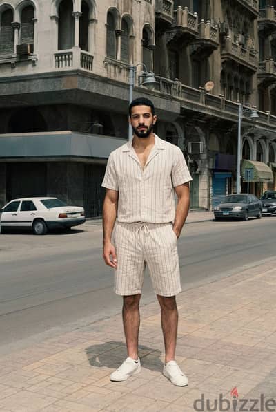 طقم كتان رجالي مخطط صيفي كاجوال - Men's Striped Linen Set