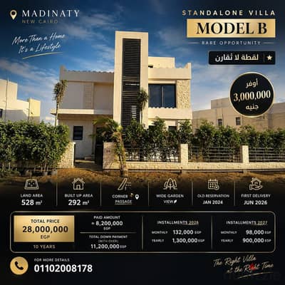 An exceptional villa for sale in Noor City | Standalone Villa Model B | 528m² land + 292m² built-up area | Wide garden | 28 million.