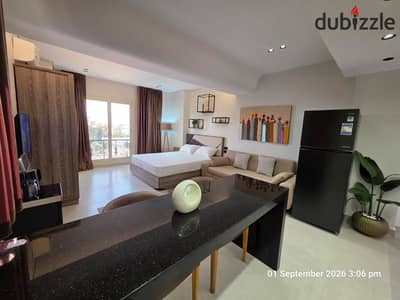 Furnished studio for rent in the First Tourist Village; first-time occupancy, brand-new finishing.