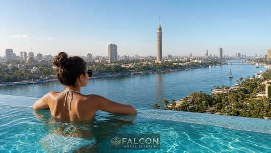 Hotel-style apartment with a Nile view—fully finished and equipped (furniture, appliances, and A/C included)—for sale in the Giza Downtown Towers,