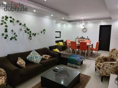 Furnished apartment for rent in Ashjar Darna compound, air-conditioned. Zahra Al-Maadi, area 134m, consisting of 2 rooms - 2 bathrooms - reception - kitchen, 9th floor, there is an elevator, finishing.