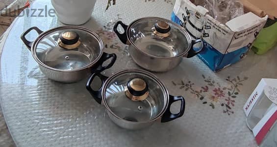 طقم حلل استيل 3 قطع بغطاء زجاج Kitchen King مقاس 14 / 16 / 18 سم جديد