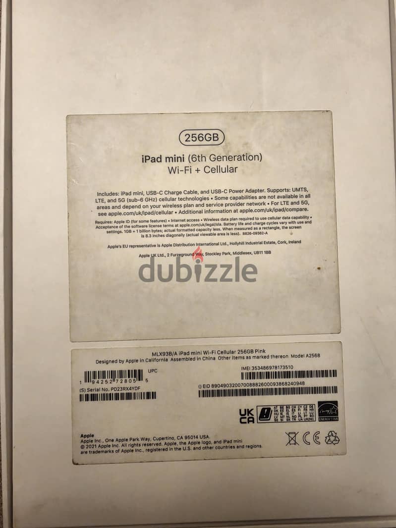 IPAD MINI 6 256GB WiFi+Cellular Like New 7