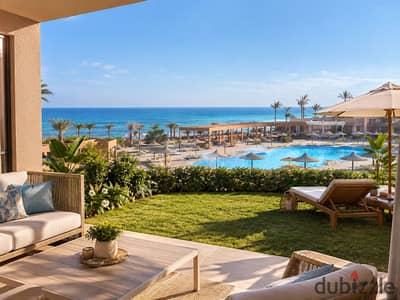 شاليه لقطة ارضي بجاردن متشطب بالفرش وبView بحر بانورامي للبيع بمقدم20% وبخصم 40% بارقى منتجع على البحر في العين السخنة