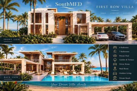 For sale, a palace with a private beach and a swimming pool, first row by the sea in SouthMED, North Coast, model T2, with a land area of 1157m - buildings 588m