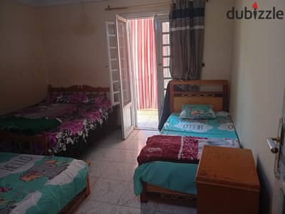 Furnished apartment for annual rent for a family, a groom, a student, or a company, 2 bedrooms, 5 beds, two-piece reception, kitchen, bathroom, fourth-floor upper, all facilities available: water, electricity, natural gas, and elevator in Alexandria, Al-Agami, kilo 21, October Street, before the gate, in a very distinguished location.