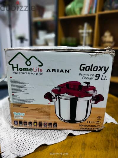 حلة ضغط 9 لتر Galaxy من HomeLife ARIAN ستانلس ستيل 304 جديدة