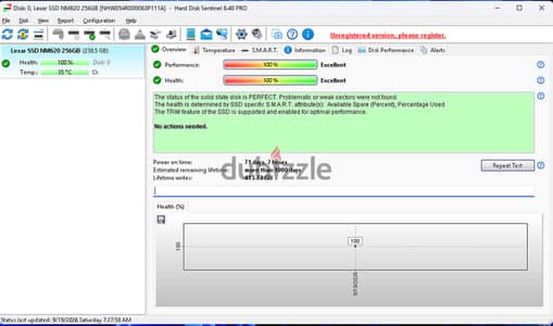 هارد 256 جيجا NVME نوع ليكسار هيلث 100% استعمال 7 ساعات