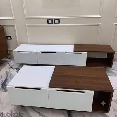 طقم ترابيزة تلفزيون 180 سم + ترابيزة قهوة خشب MDF إسباني بحالة ممتازة