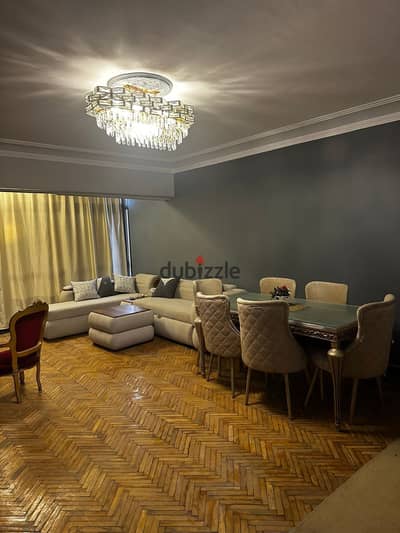Furnished apartment for rent in Kornish Al-Maadi, Torra, Al-Ikhah Towers, Police View of the Nile, consists of three bedrooms, reception, bathroom, and kitchen, eighth floor, elevator