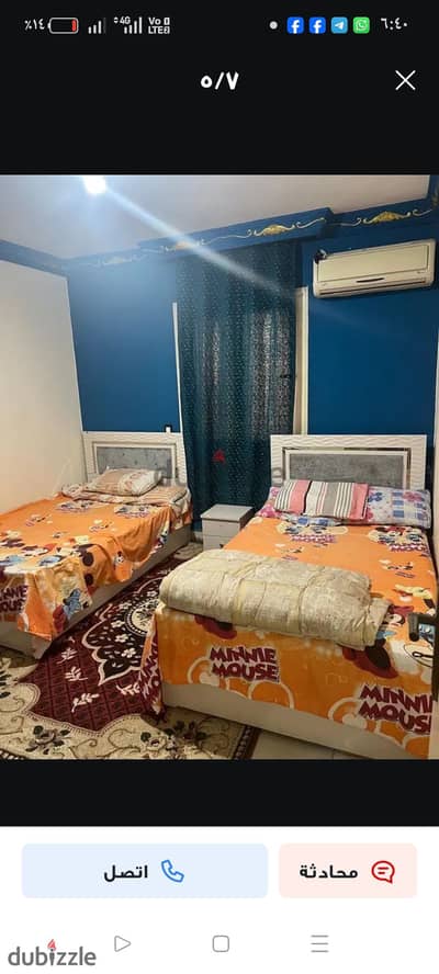 Furnished apartment for rent in Zahraa Al-Maadi, sector eight, next to Noor School and Al-Azeem Mosque, and Al-Khamseen Street. It consists of two bedrooms, reception, bathroom, kitchen, and a northern terrace with an open view, on the eighth floor with an elevator.