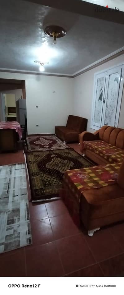 For daily rent, furnished apartment in Maadi Al Arab near the Olympic Center, Maadi Library, and Nasr Street consists of two bedrooms, a reception, a bathroom, and a kitchen, 12th floor, elevator, eastern sea view for families and young committed individuals only.