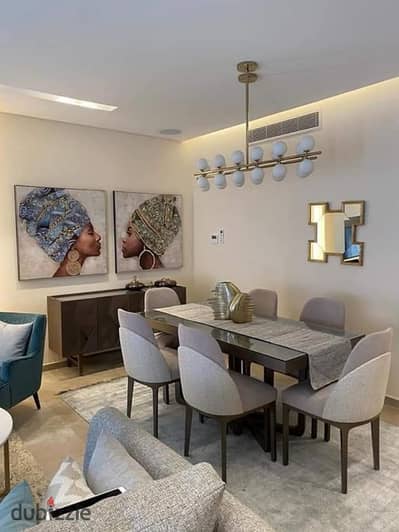 Investment opportunity in R8 with a 145k EGP down payment and 12-year payment plans for all units overlooking green spaces and water features.