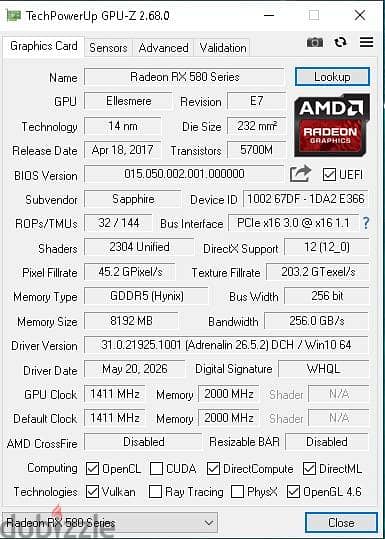 Rx 580 saphire nitro plus 8G 6