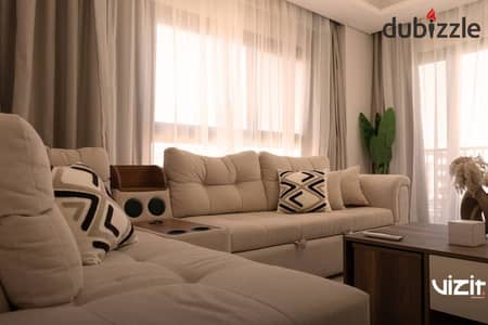 A private, north-facing furnished apartment available for annual rent only in the Naguib Sawiris ZED compound, Sheikh Zayed.
