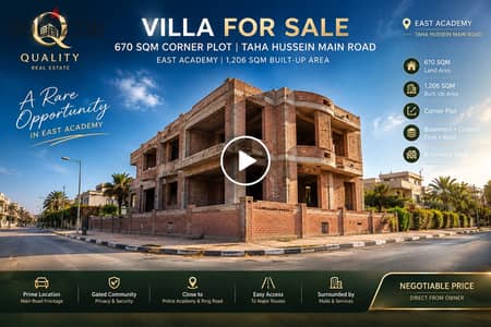 Villa For Sale 670 Sqm Corner Plot On Taha Hussein Main Road | East Academy | 1,206 Sqm Built-Up Area | Basement,Ground,First&Roof | Negotiable Price