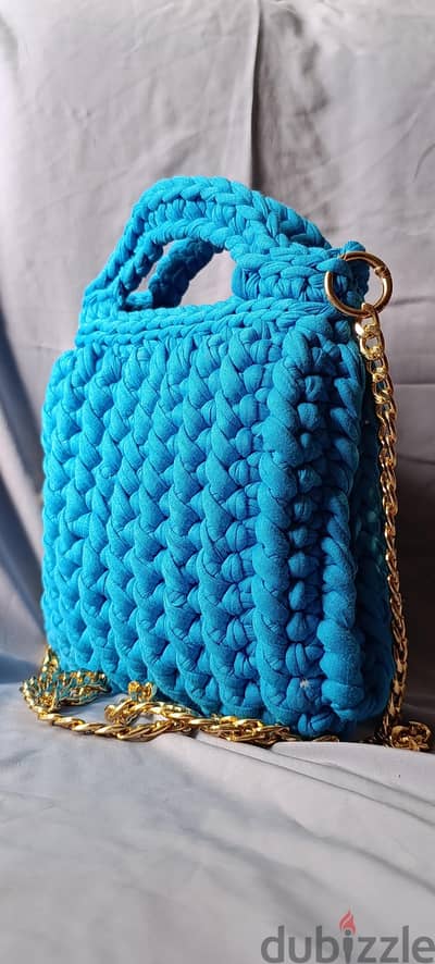 Premium Handmade Crochet Handbag with Gold Chain – Bright Blue