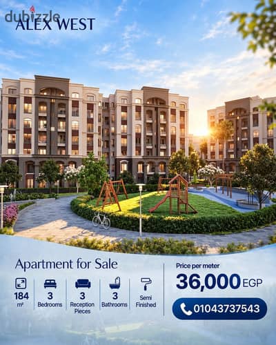 Apartment for sale, 184 sqm, in Alex West—one of Alexandria's most prestigious areas. Price: 6,700,000 EGP.