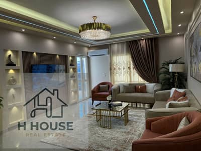 Furnished apartment for rent in Al Rehab; first-time occupancy, featuring custom high-end finishes. Located on an intermediate floor, fully air-condit