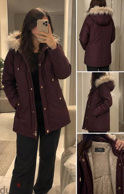 جاكيت Max شتوي مبطن فرو – Burgundy – UK 12 / EUR 38