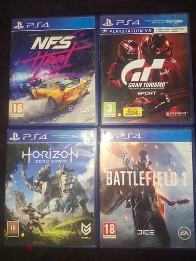 cd ps4 : nfs heat , battle field 1 , horizon  , granturismo