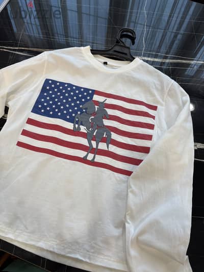 White long sleeve t-shirt with American flag & cowboy print