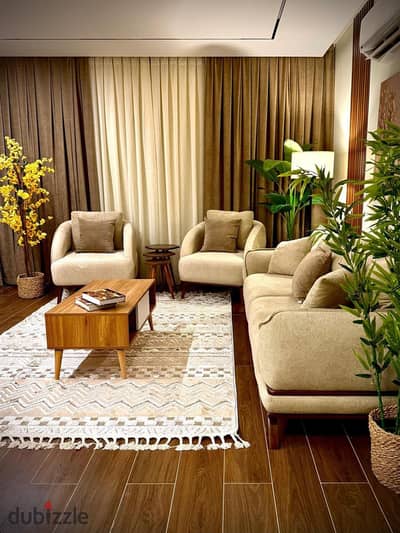 Furnished apartment for rent in Al-Rehab, first tenant, modern furnishings, fully customized finishes, 2 bedrooms, long and short term, American kitchen, full air conditioning, complete appliances