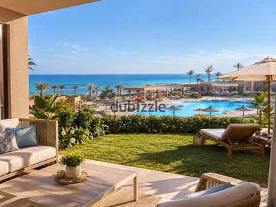شاليه لقطة ارضي بجاردن متشطب بالفرش وبView بحر بانورامي للبيع بمقدم20% وبخصم 40% بارقى منتجع على البحر في العين السخنة