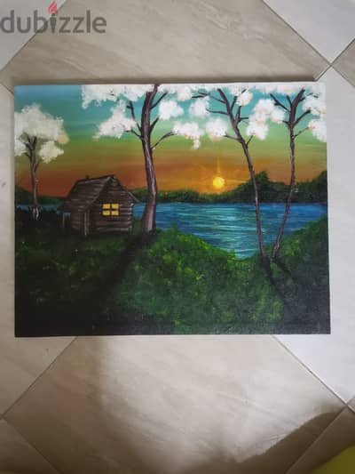 لوحة يدوية الرسم منظر طبيعي (كوخ في الغابة). المقاس 40*50،. الخامة اكر