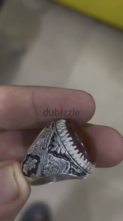 خاتم فضه عيار ٩٢٥ بحجر عقيق يمني طبيعي