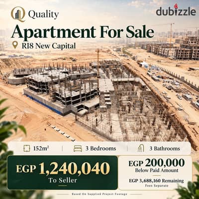 شقة للبيع 152م في RI8 بالعاصمة الإدارية | أقل من المدفوع بـ200 ألف | 3 غرف و3 حمامات | Apartment For Sale