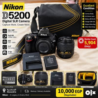 ‏Nikon D5200 + عدسة 18-55 VR II بالمشتملات والشنطة – حالة ممتازة