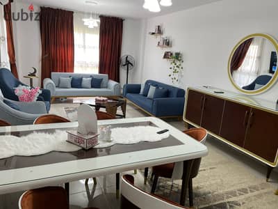 For rent: Hotel-style furnished apartment in Madinaty (B12), 140 sqm. Features 3 bedrooms and 2 bathrooms (including a master suite), with a prime vie