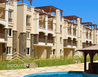 Seaside chalet for sale in Ain Sokhna (Blue Blue resort), featuring super-deluxe finishing and full summer amenities. Located past Porto Sokhna, less
