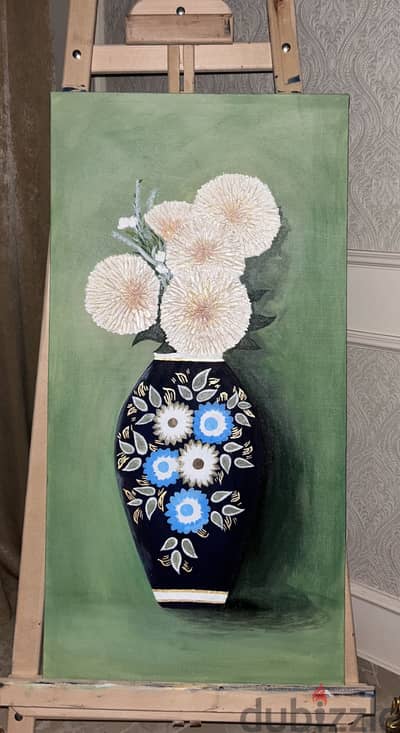 Floral Vase Painting with Texture Paste and Gold Leaf (50x100 cm)