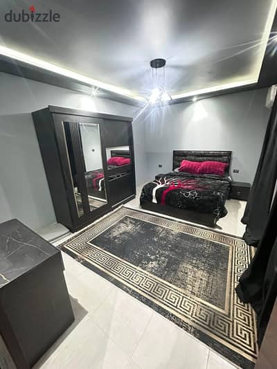 Furnished apartment in Compound One Katameya, three rooms, bathroom, and kitchen directly on the Maadi Circle. The compound is in a prime location, featuring swimming pools, large green spaces, a play area for children, a Starbucks, and all services. The compound is also surrounded by cameras.