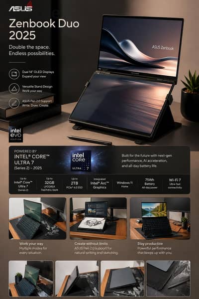 ASUS Zenbook Duo 2025 | Core Ultra 7 255H | شاشتين OLED | بضمان ساري