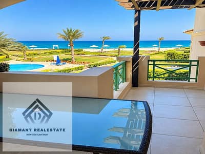 For invesmnet lovers in Ain Sokhna, Chalet with garden First row on Sea Finished VIP with AC's and Kitchen Over 10Years next to Mövenpick Hotel